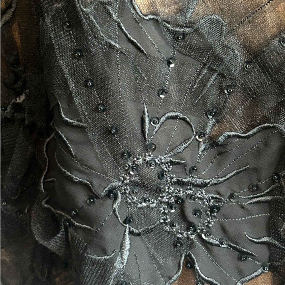 Simon Chang Black Mesh Embroidered Maxi Skirt - Bronze Lining - Size 6 - Picture 3 of 7